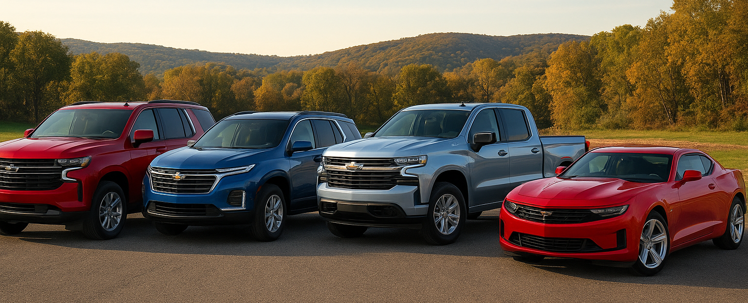 Lineup of four Chevrolet vehicles parked outdoors